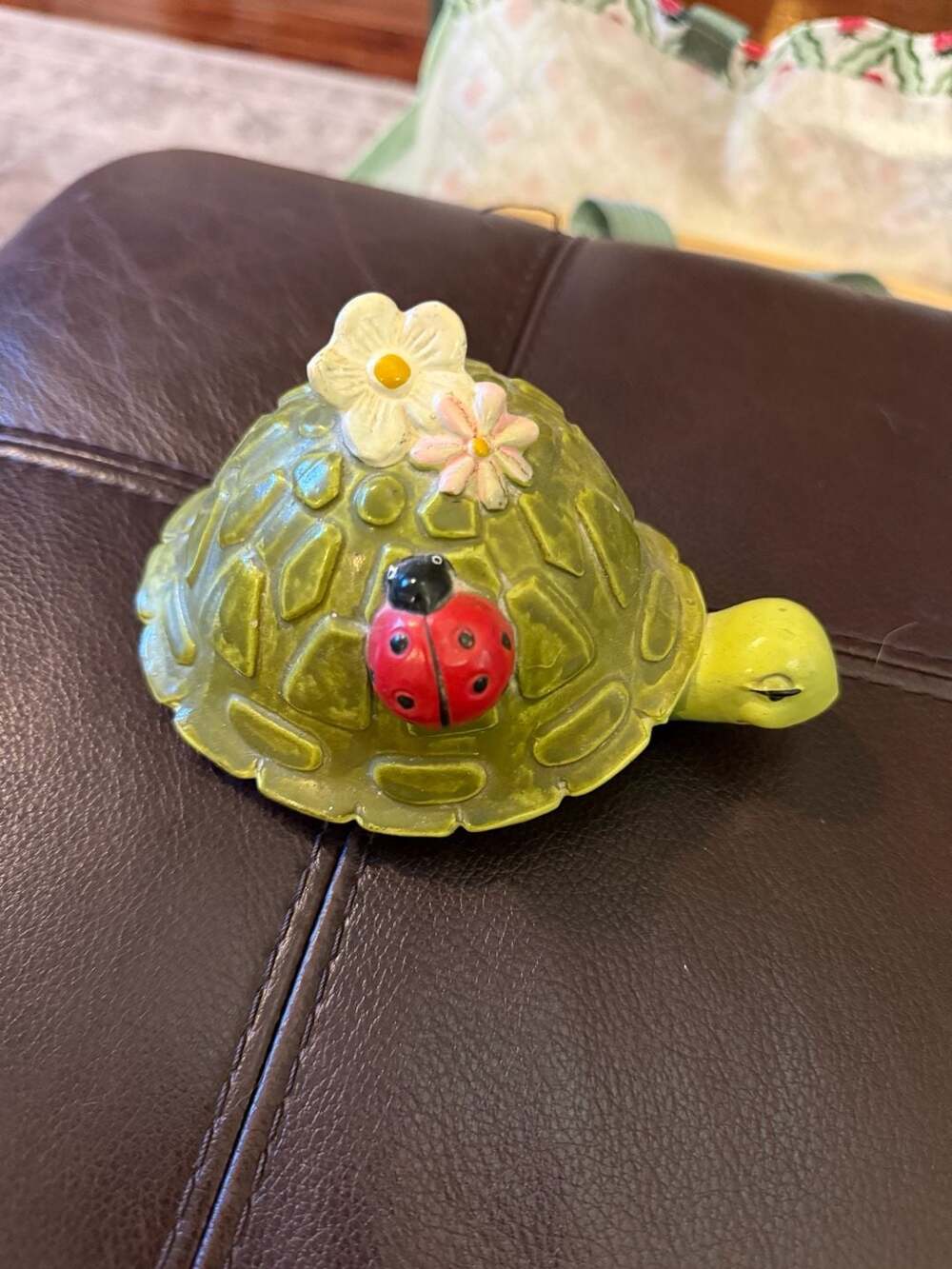 Vintage Ceramic Green Turtle Figurine with Ladybug and Flowers Made in Japan